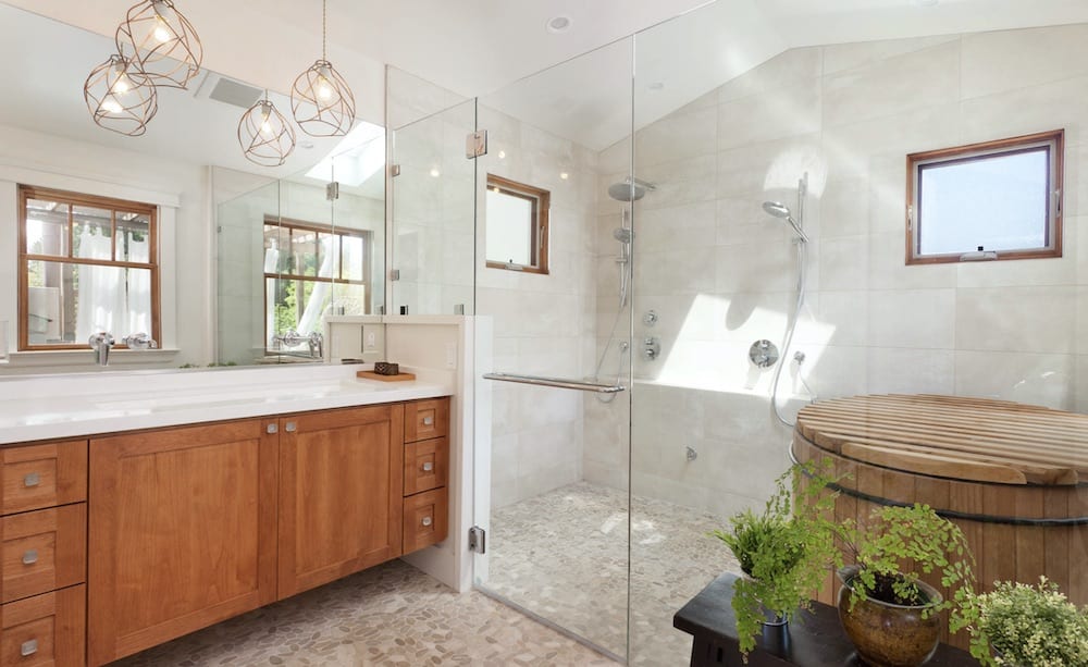 Houzz modern mediterannean shower curbless river rock